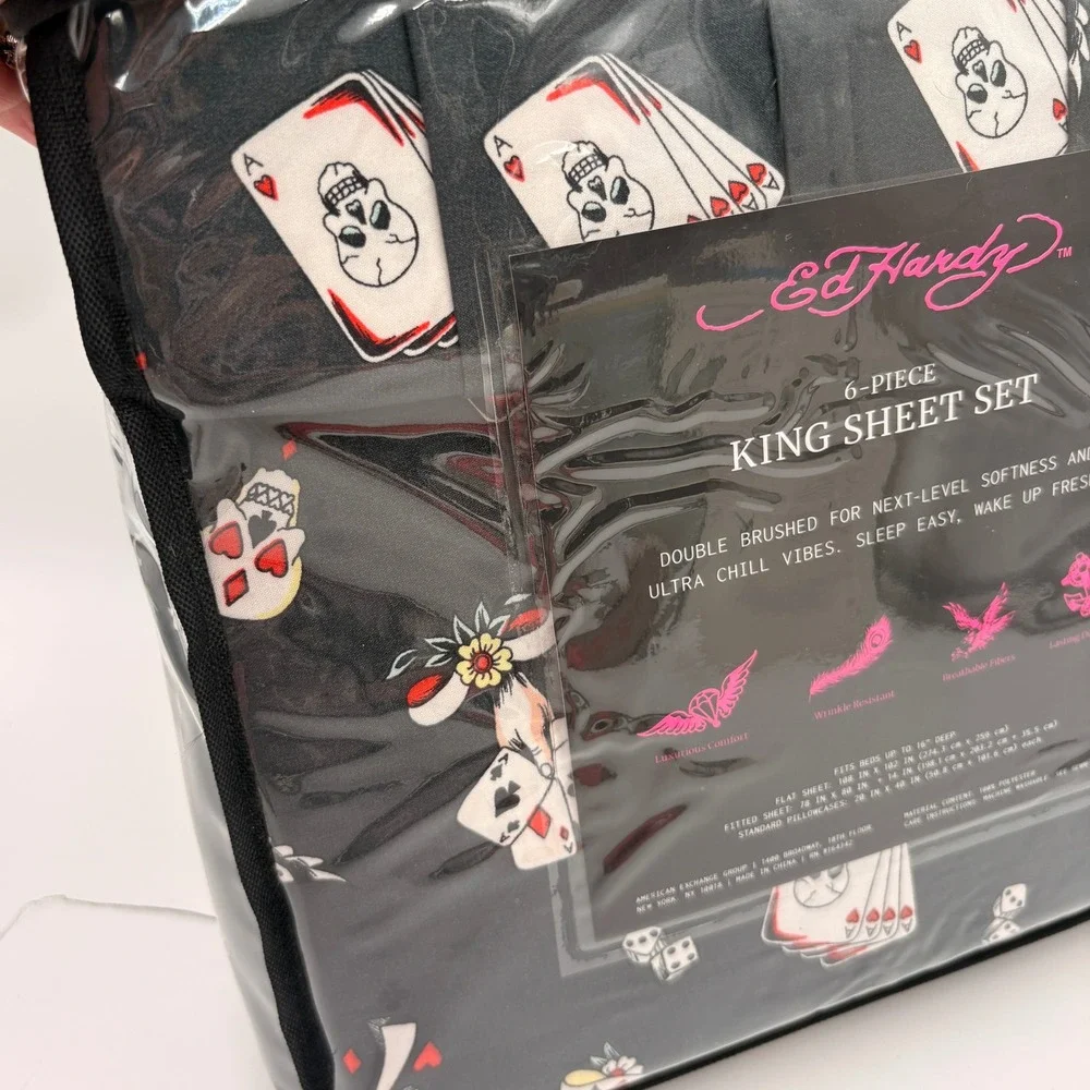 Ed Hardy King Sheet Set 6 Piece Black Tattoo Tiger Skull Playing Cards New